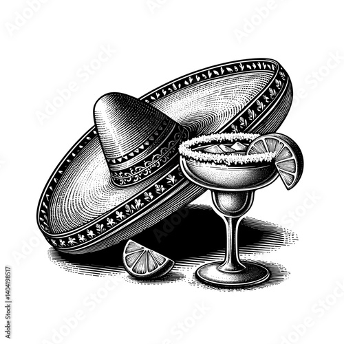 Sombrero and Margarita Glass with Lime Slices in Black and White  - vintage style