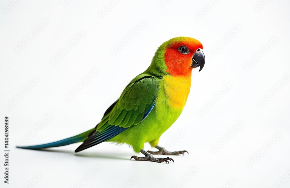Vibrant lovebird parrot isolated on white background. Colorful bird with red, yellow, green, blue plumage. Exotic pet stands, posing. Tropical avian beauty. Vibrant lovebird parrot isolated on white background. Colorful bird with red, yellow, green, blue plumage. Exotic pet stands, posing. Tropical avian beauty.