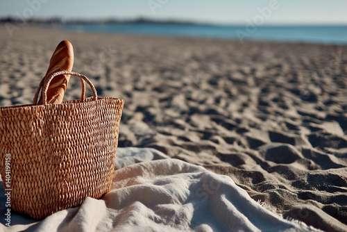 A lifestyle image featuring a natural woven straw bag placed on a textured beach blanket spread over warm sand