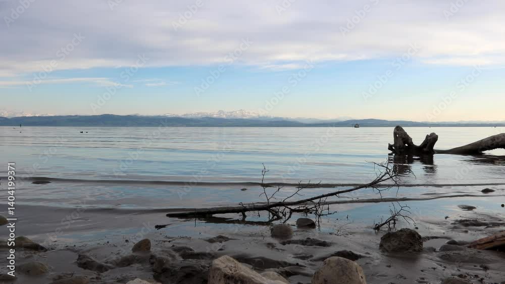 Tranquil lake view with gentle waves moving softly against the shore. Driftwood and branches in the foreground. Calm water reflects sky and distant mountains. Peaceful natural landscape Tranquil lake view with gentle waves moving softly against the shore. Driftwood and branches in the foreground. Calm water reflects sky and distant mountains. Peaceful natural landscape