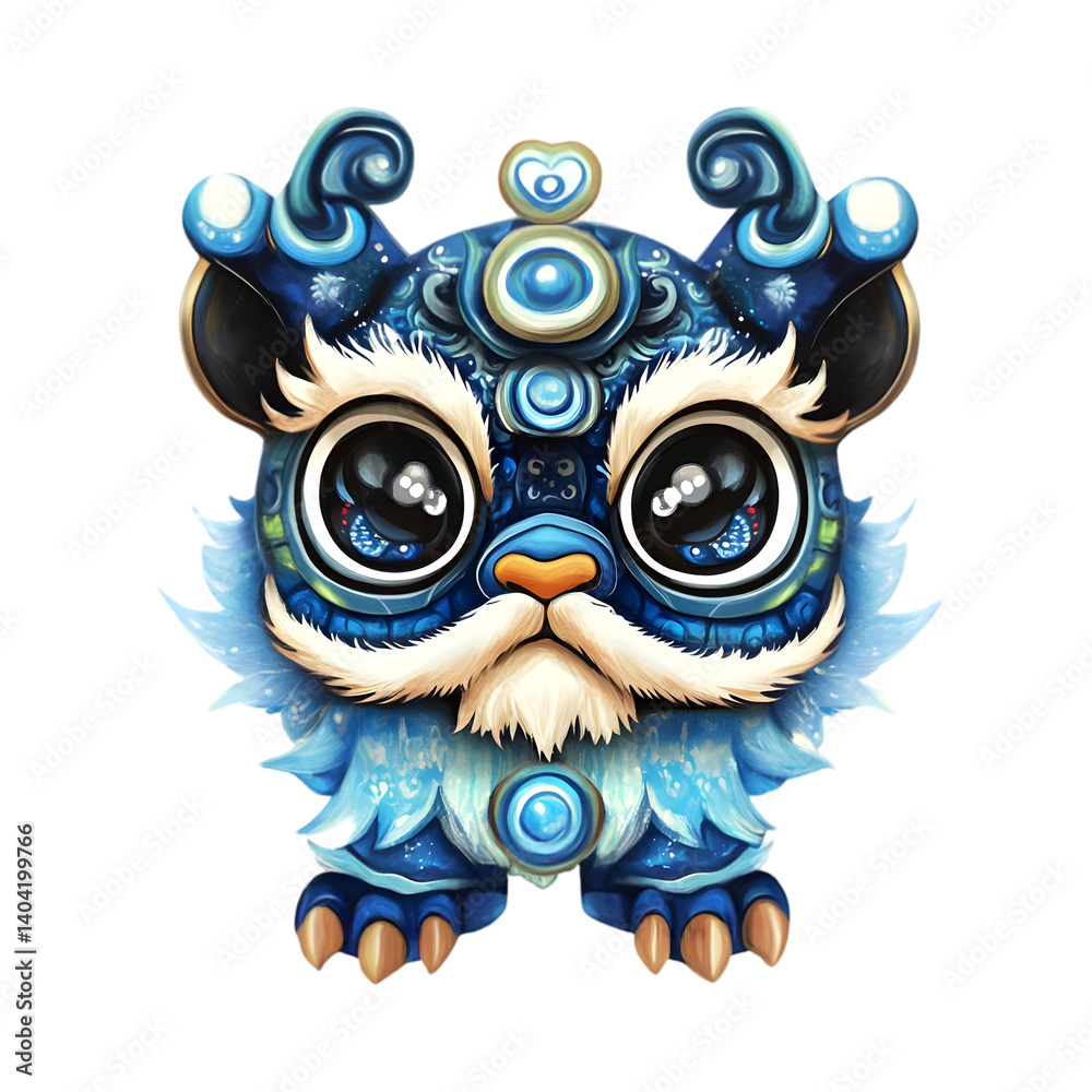 Fototapeta premium Cute Cartoon Lion Illustration in Blue with Detailed Ornamentation on Transparent Background