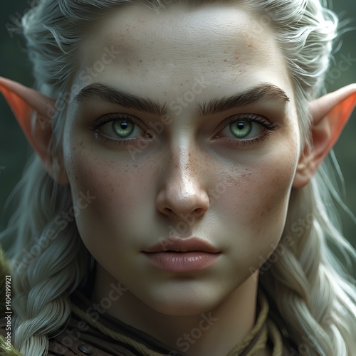 A close-up portrait of an elven woman with striking, luminous green eyes. Her fair skin is dotted with freckles, and her platinum blonde hair is styled in a loose braid. 