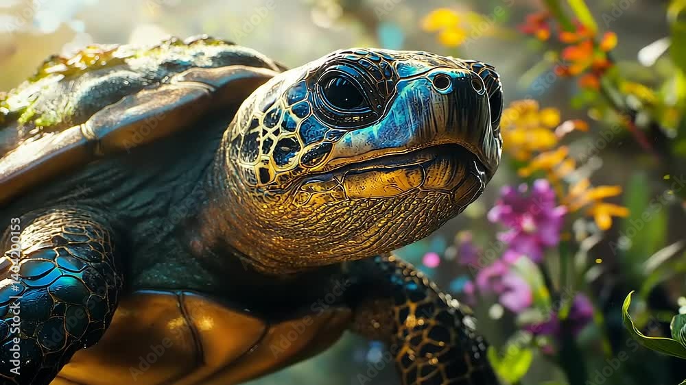 Close-up of a vibrant turtle amidst colorful flowers in a lush natural environment