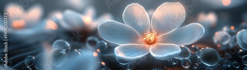 Glowing ethereal flowers blossoming in a dreamy, surreal landscape. The flowers have translucent petals and a soft, inviting glow