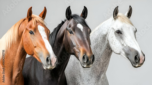 Three Horses Portrait: Chestnut, Brown, and Grey Equines Against a Light Grey Background
