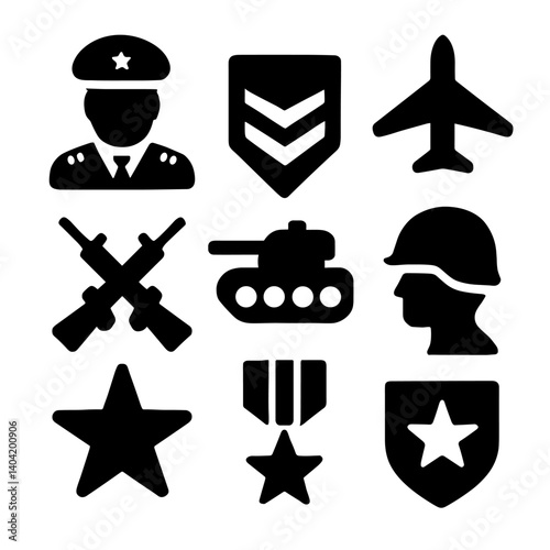 military officer icons set of black military vector icons including soldier, rank insignia, airplane, rifles, tank, helmet, star, medal, and shield on white background