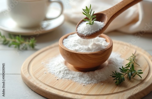 Wooden spoon with white sugar substitute Erythritol. Bowl with white crystal granulated ingredient. Alternative sweetener for low-calorie diet. Diabetic, keto friendly. Concept organic food,