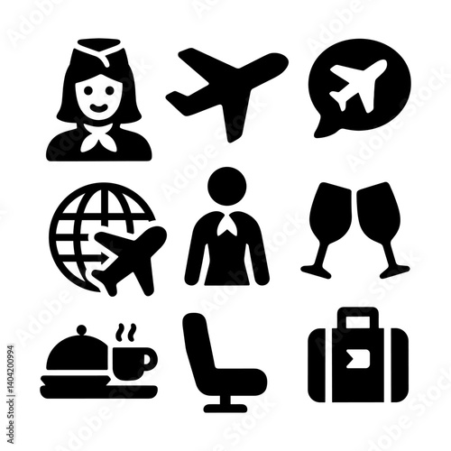 flight attendant icons set Collection of black airline service vector icons including flight attendant, airplane, globe, in-flight service, luggage, and passenger seat on white background