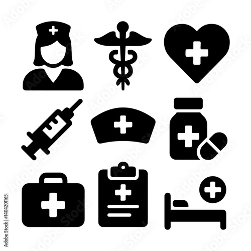 Nurse icons set of black healthcare and medical vector icons featuring nurse, syringe, heart with cross, caduceus symbol, medicine bottle, nurse hat, first aid kit, medical clipboard, and hospital bed