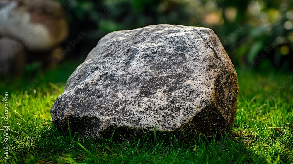Large Grey Boulder Resting on Lush Green Grass Large Grey Boulder Resting on Lush Green Grass