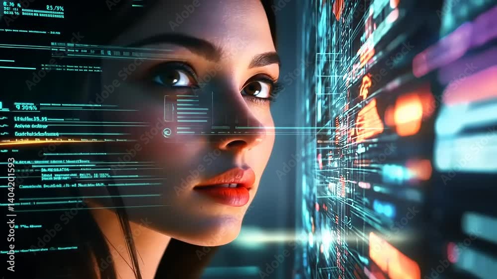 Close-up of a woman contemplating digital data streams in a futuristic setting Close-up of a woman contemplating digital data streams in a futuristic setting
