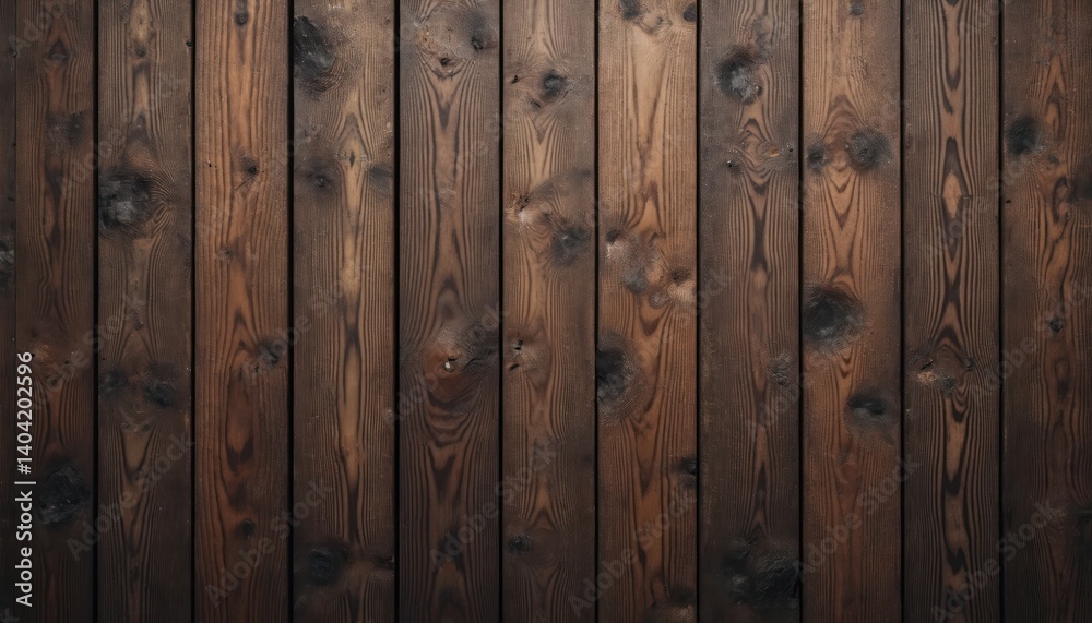 Naklejka premium Dark brown wooden planks background, wallpaper. Old grunge dark textured wood background. Brown pine wood paneling. Vertical wood planks for wall design. Perfect background for product demo, design,
