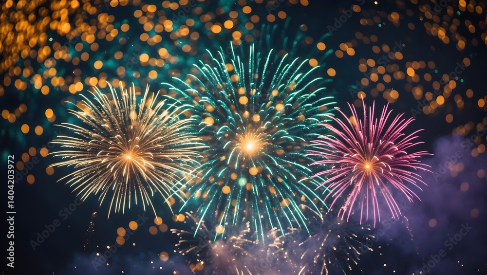 Naklejka premium a dazzling fireworks display explodes in the night sky, illuminating the darkness with vibrant colors