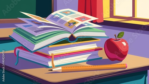 A brightly lit classroom scene featuring books, a pencil, and a red apple on a desk, suggesting education and learning