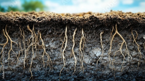 Section of soil showing roots, topsoil, and subsoil under a blue sky