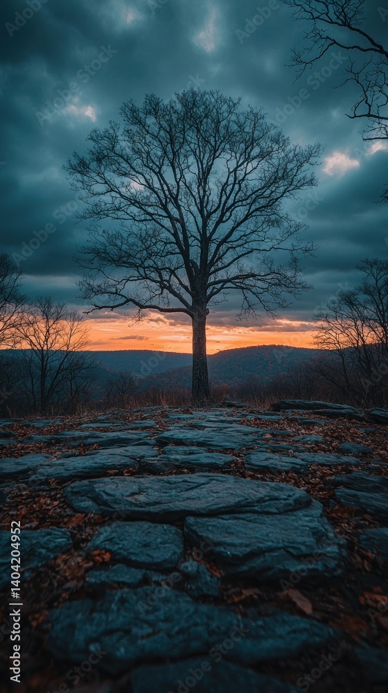 Fototapeta premium Silhouette tree against a sunset sky, autumn leaves on cobblestone ground
