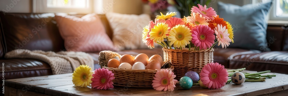 Vibrant spring flowers and Easter eggs in wicker baskets on a wooden table in a cozy living room setting