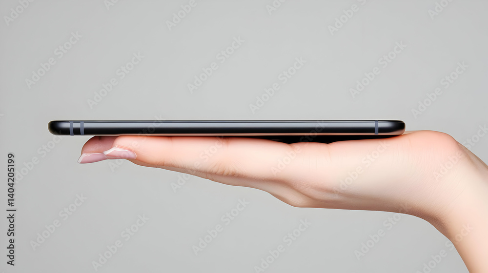 Hand Holding Slim Black Smartphone Against Neutral Grey Background Hand Holding Slim Black Smartphone Against Neutral Grey Background