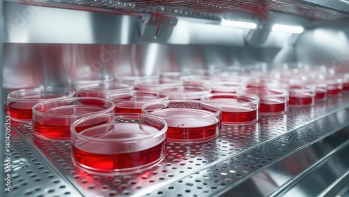 Obraz na płótnie Laboratory petri dishes with red culture medium arranged on metal shelves inside an incubator for scientific research w salonie