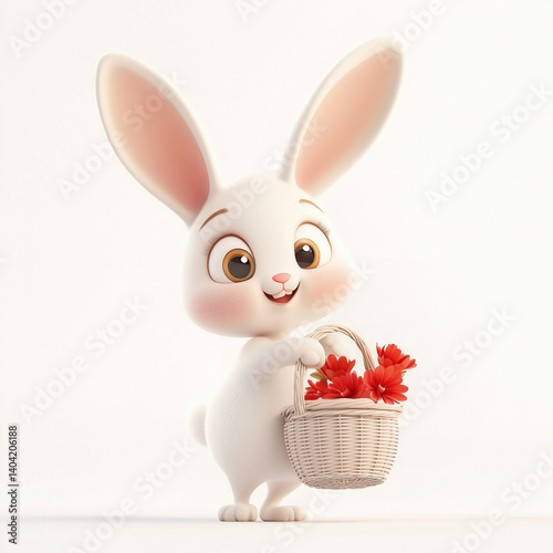 Cute 3D cartoon rabbit happily carrying a basket filled with fresh flowers