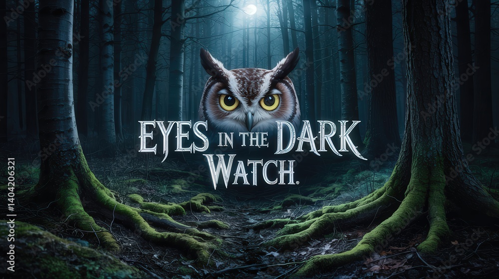 Mysterious forest scene with owl face and text