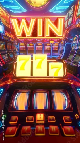 A slot machine with reels. A combination of 777 and the inscription WIN appears, in the style of an online casino for phones