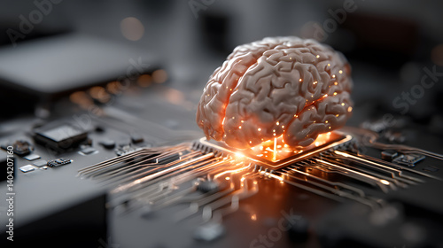 A futuristic depiction of an artificial intelligence brain concept over a circuit board.