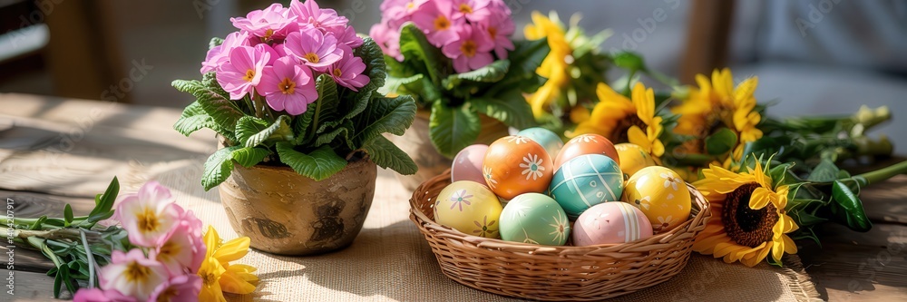 Colorful Easter eggs in a wicker basket surrounded by spring flowers including sunflowers and primroses on a wooden table