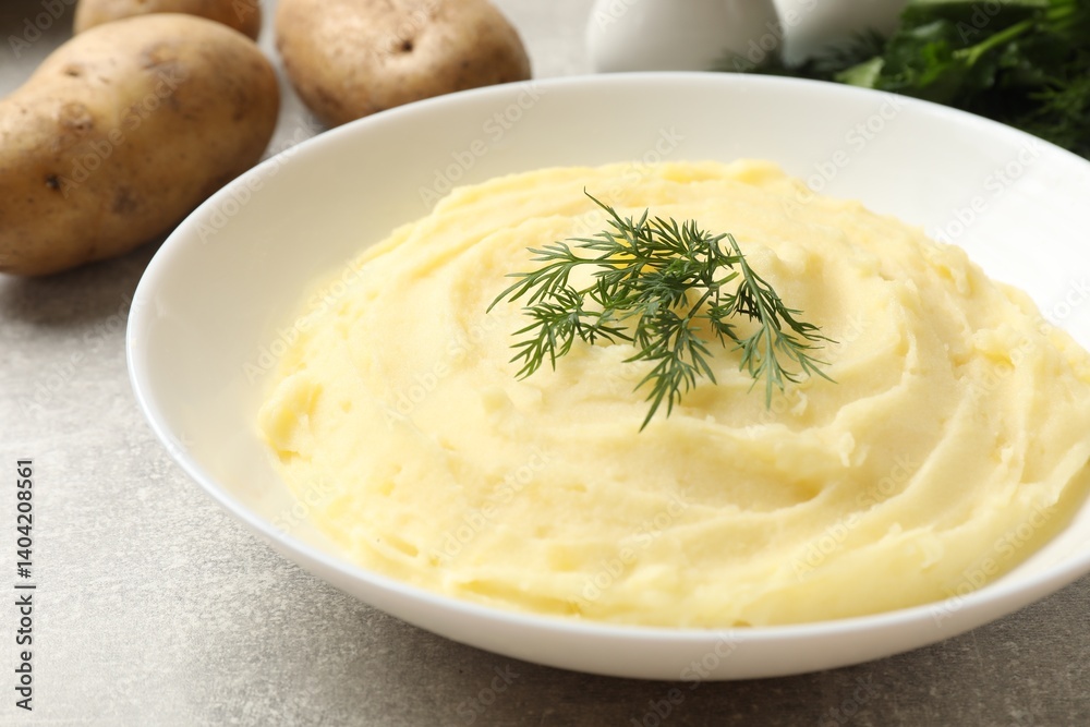 Tasty mashed potato with dill in bowl and raw vegetables on grey textured table, closeup Tasty mashed potato with dill in bowl and raw vegetables on grey textured table, closeup