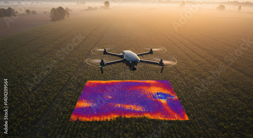 Drone Overviews Agricultural Field with Thermal Imaging for Irrigation Monitoring in Golden Light