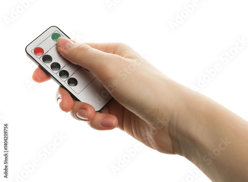 Wallpaper Mural Woman with modern lighting remote control on white background, closeup Torontodigital.ca