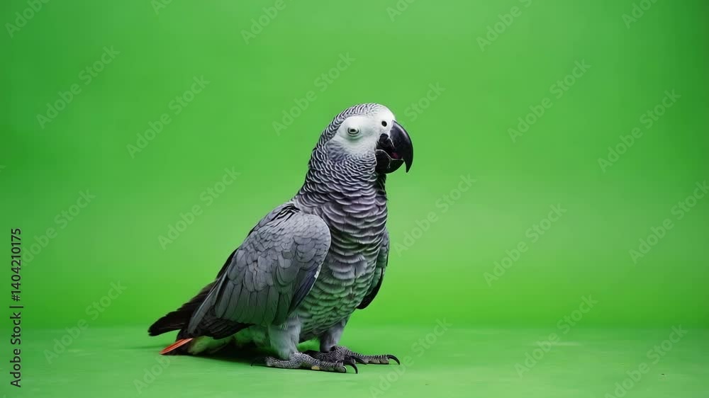 Intelligent African Grey Parrot with Red Tail Feathers on a Green Surface and Background 4k video Intelligent African Grey Parrot with Red Tail Feathers on a Green Surface and Background 4k video