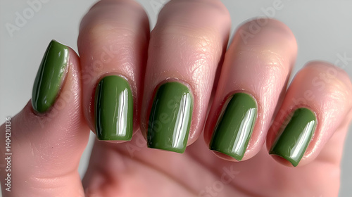 Closeup of Well-Manicured Hands with Olive Green Nail Polish