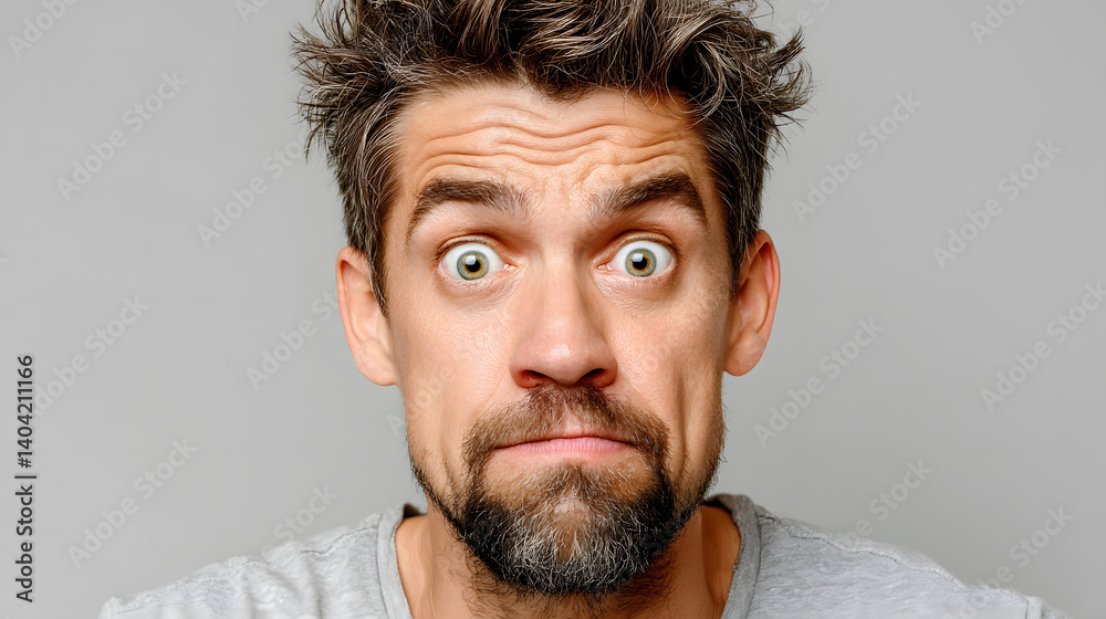 Obraz premium A close-up shot captures a man's face, his eyes wide with a surprised expression.