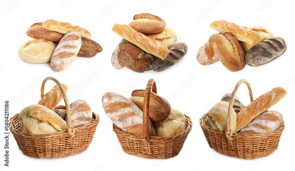 Different types of bread isolated on white, set