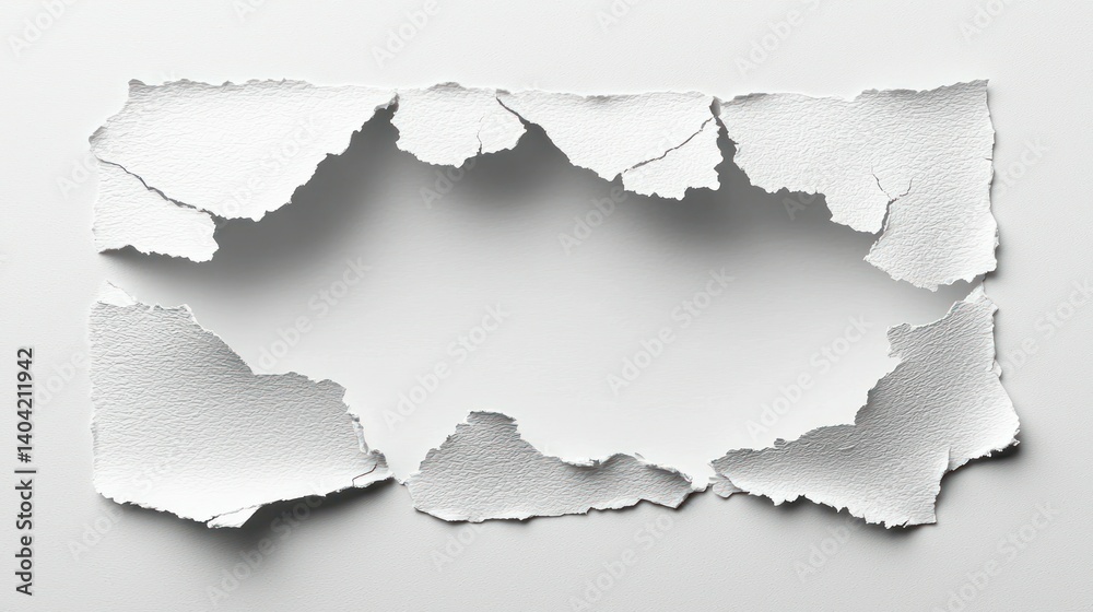 Torn rectangular paper, center removed, white background, rough edges Torn rectangular paper, center removed, white background, rough edges