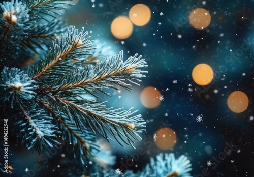 Snowy Pine Needles Close Up with Soft Diffused Lighting and Dreamy Bokeh Effect