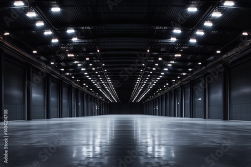  Vast Empty Modern Exhibition Hall with Rows of Bright Ceiling Lights and Polished Concrete Floor, Offering Expansive Space for Trade Shows and Large-Scale Events