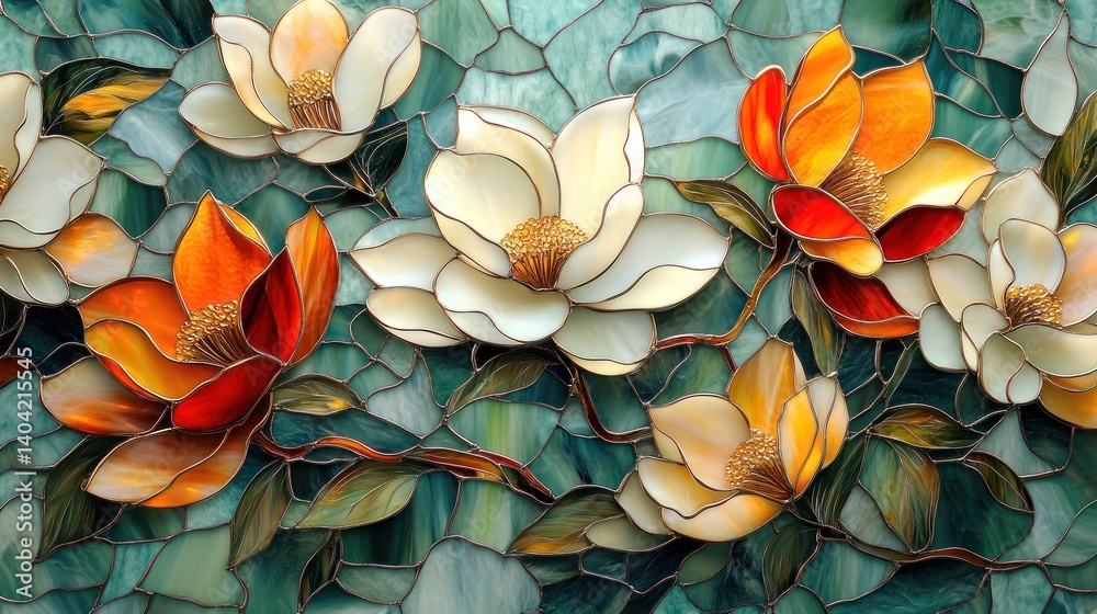 Magnolia floral arrangement with stained glass effect for a serene decoration Magnolia floral arrangement with stained glass effect for a serene decoration