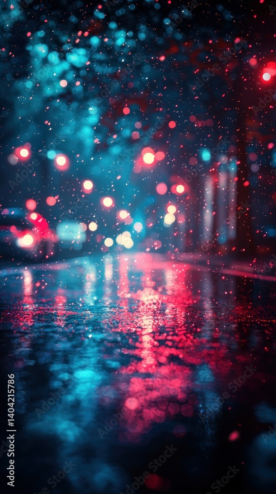 Fototapeta premium Wet street reflects city lights with blurry, vibrant bokeh in blue and red tones