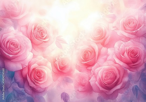 Watercolor Pink Roses Romantic Floral Background for Greeting Cards and Weddings