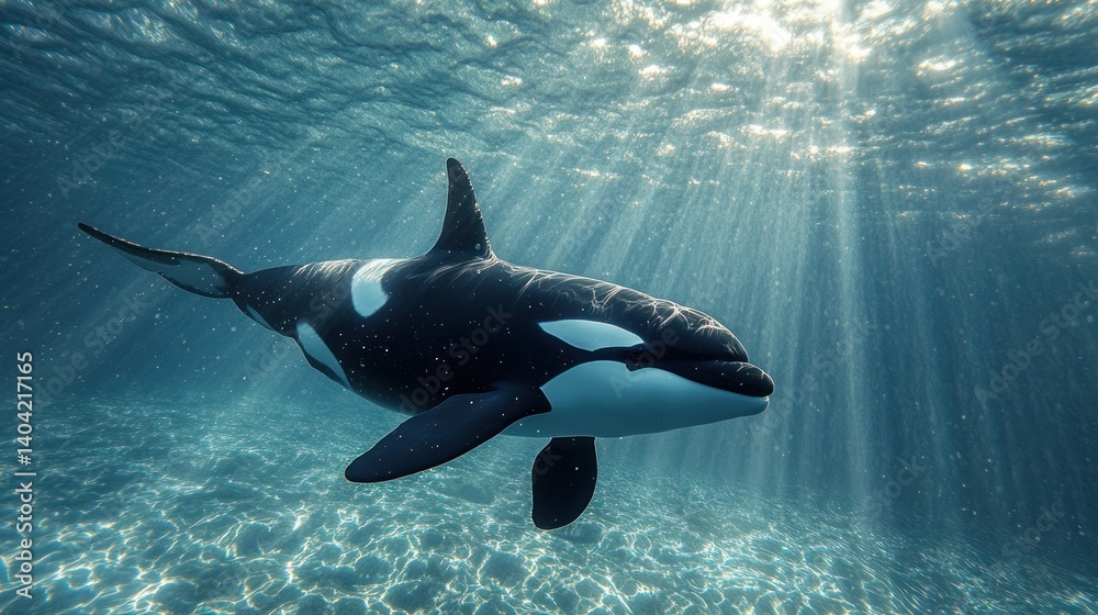 Obraz premium Orca in sunlight, majestic killer whale gliding through the blue ocean depths