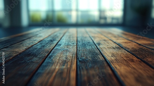 Wood planks focus in front of blurred city view. Warm, neutral tones