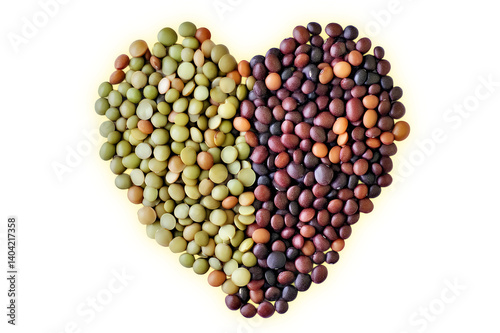 Heart-shaped arrangement of assorted legumes showcasing vibrant colors and textures.