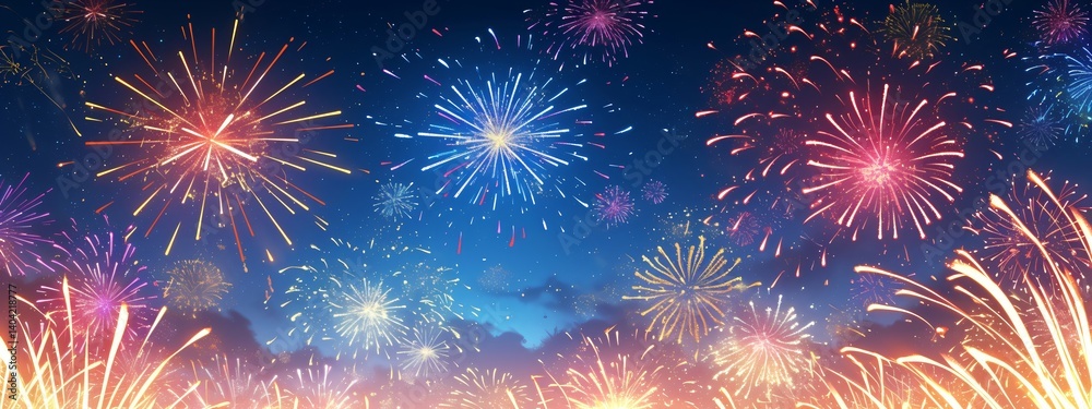 Fototapeta premium Colorful fireworks exploding in night sky. Festive celebration background for New Year's Eve, Independence Day, and Diwali. Greeting card design for holiday events.