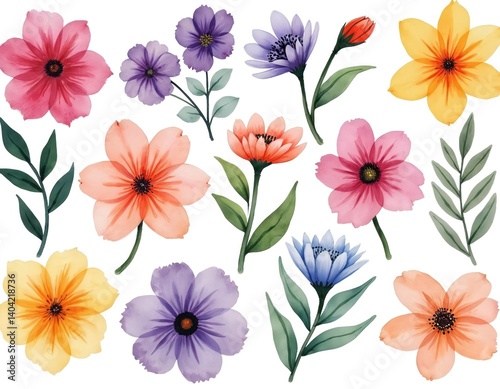 Watercolor flowers set features hand-painted abstract botanical illustrations. Delicate floral designs rendered with artistic flair. Illustration isolated white background, flower petals, stems, leaf