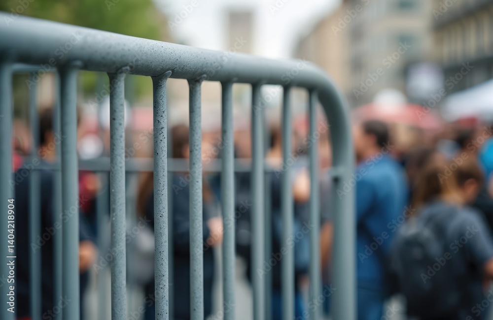 Grey metal fence at outdoor public event. Steel frame, barrier separates people, controls access. Crowd in background, blurred. Security system, crowd control, safety regulations. Grey metal fence at outdoor public event. Steel frame, barrier separates people, controls access. Crowd in background, blurred. Security system, crowd control, safety regulations.