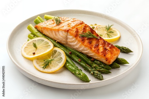Grilled salmon with asparagus and lemon slices healthy dinner plate