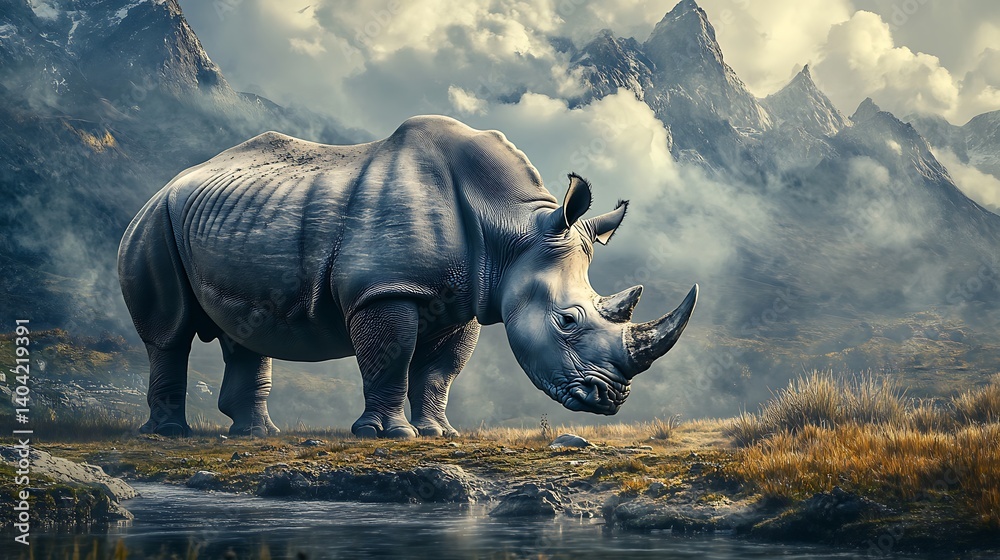 Fototapeta premium Powerful rhinoceros standing in the wild surrounded by lush greenery high resolution image