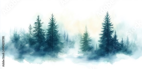 Foggy Winter Forest Landscape in Watercolor Soft Pastel Pines and Evergreens